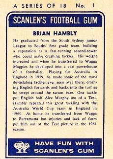 1963 Scanlens NRL #1 Brian Hambly Back